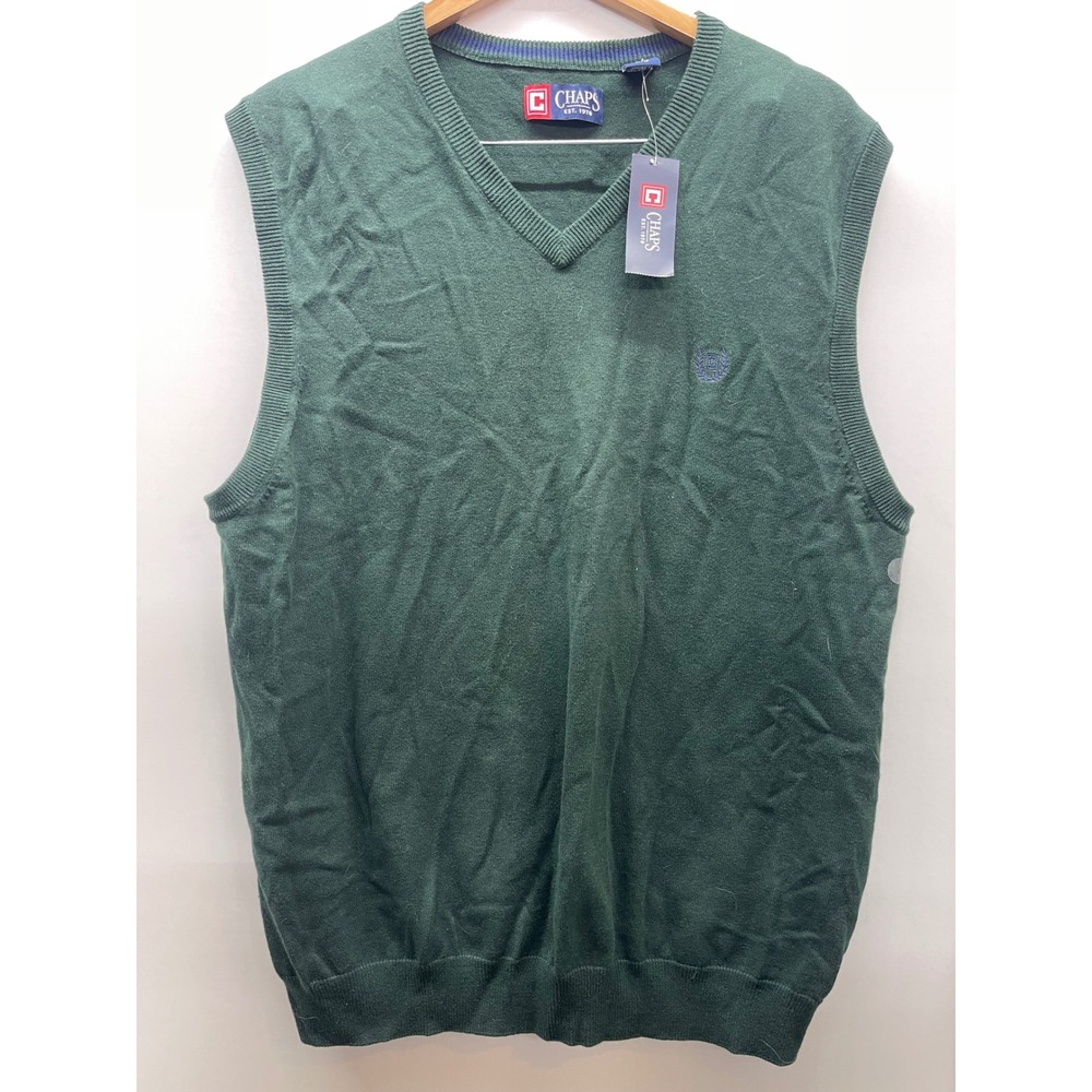 Chaps Mens V-Neck Sweater Vest Hunter Green 100% Cotton Large NWT 0668014
